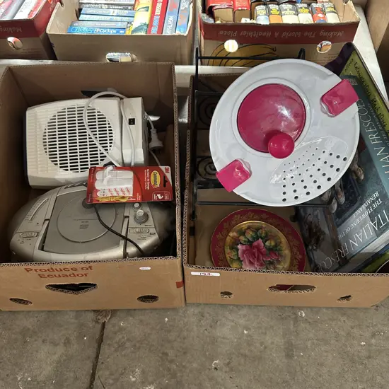 2 Boxes radio, fan heater, salad spinner, magazine rack etc