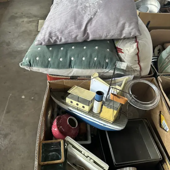 2 Boxes Cushions, model boat etc