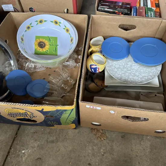2 Boxes glasses, set of lidded bowls etc
