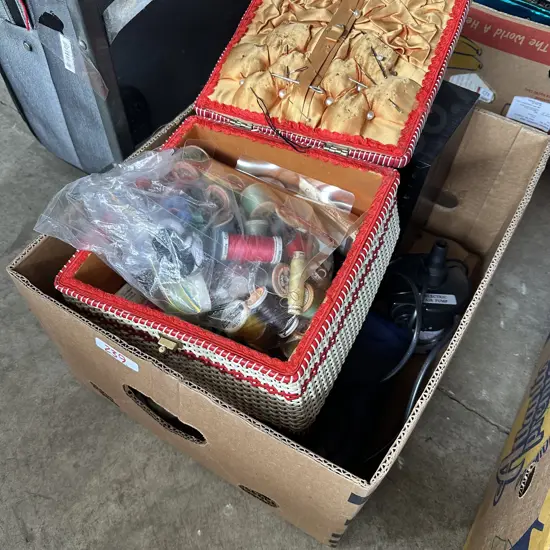 Air bed, sewing basket and contents etc