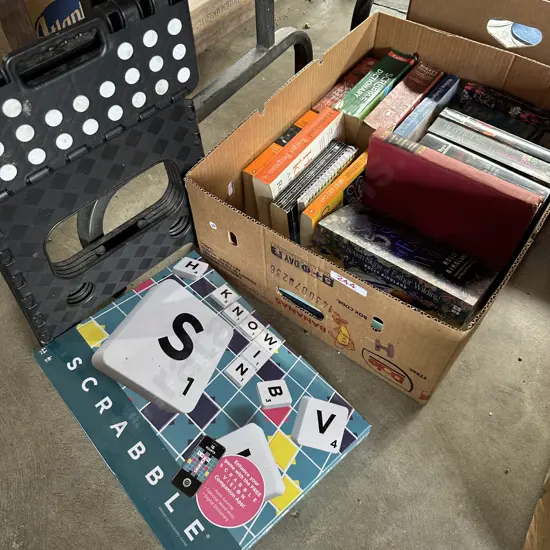 Box of books, folding step and new scrabble game