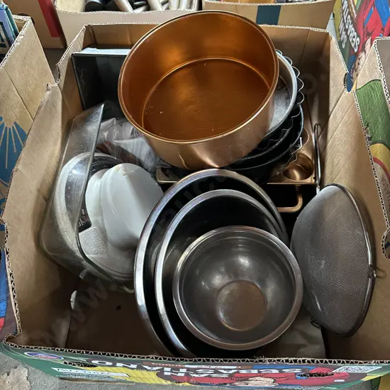 Box of baking tins, scales and stainless bowls etc