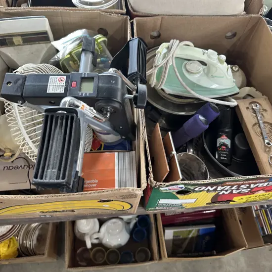 2 Boxes including large pot and hand weights etc