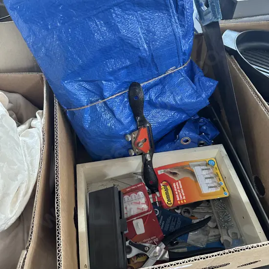 Box lot including spoke shave and tarp etc