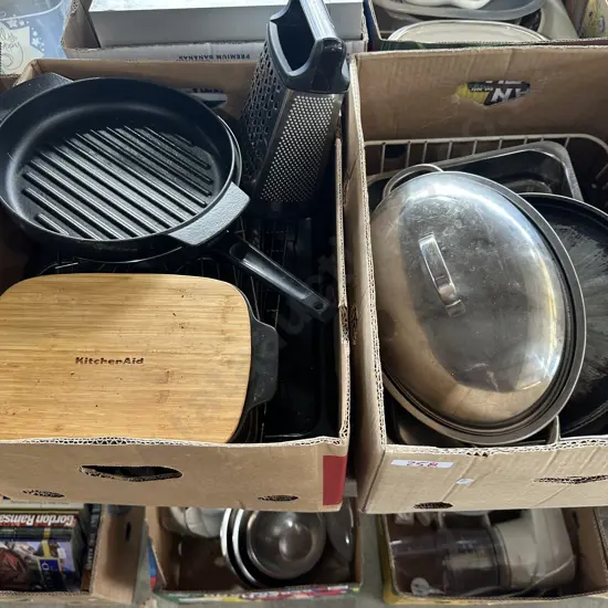 2 Boxes of bakeware, knives etc