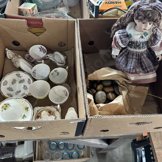 2 Boxes china, polished stones and doll etc