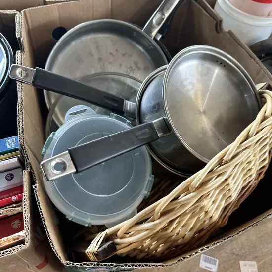 Pots, pans and cane basket etc