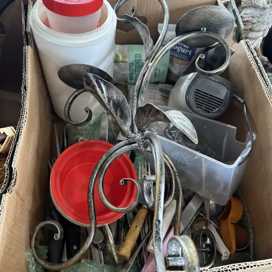 Box of cutlery, mixer, yoghurt maker etc