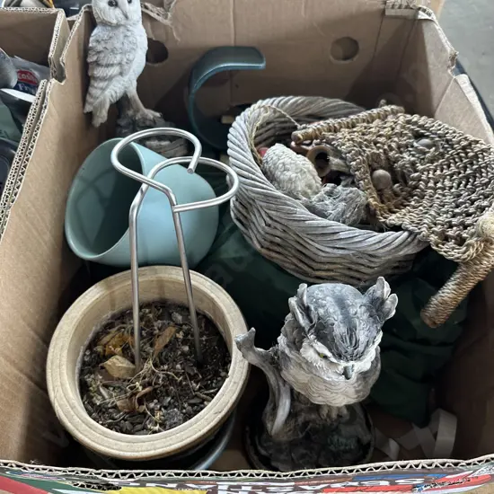 Box lot including garden owls etc