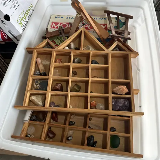 Large bin with lid, monopoly game, small easels, 2 wall shelves and contents.