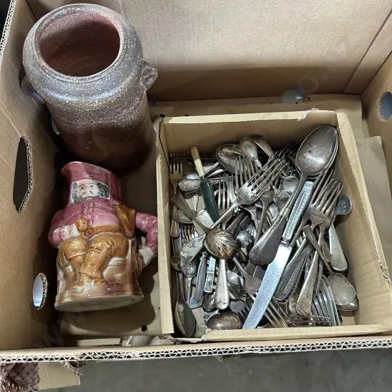 Box of cutlery, pottery and china vases