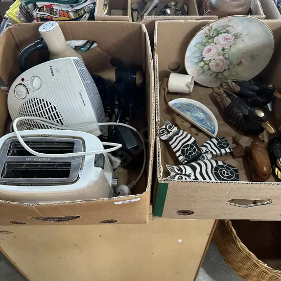 2 Boxes Toaster, heater, lamp, hair dryer etc