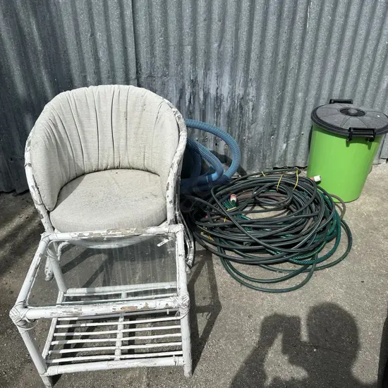 Cane chair and table,hoses and bin