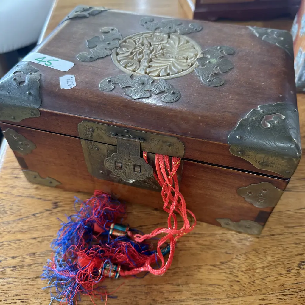 Early Brass & Teak jewellery box Image 1++
