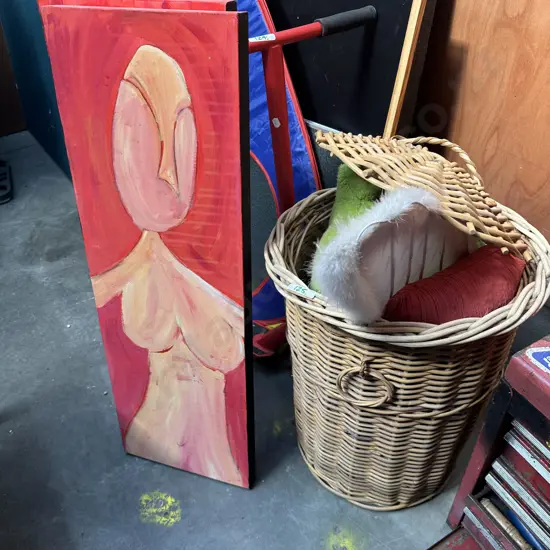 Pr paintings, wicker basket and contents