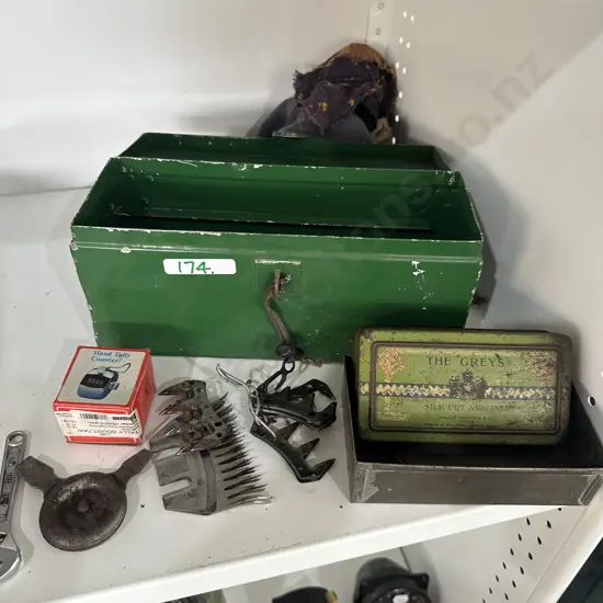 Tool box, shearing pieces, tobacco tin etc