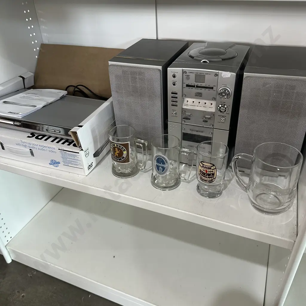 Boxed DVD, stereo, and Beer logo glasses Image 1++