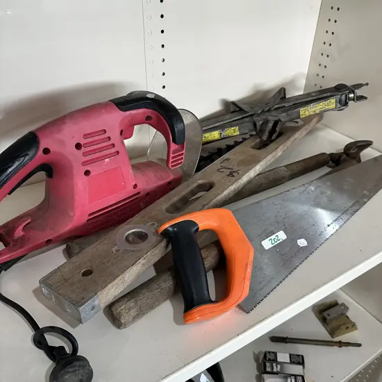 Hedge trimmer, Scissor jack,hand saw etc