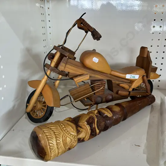 Model motorbike (29cm tall) and carved hardwood