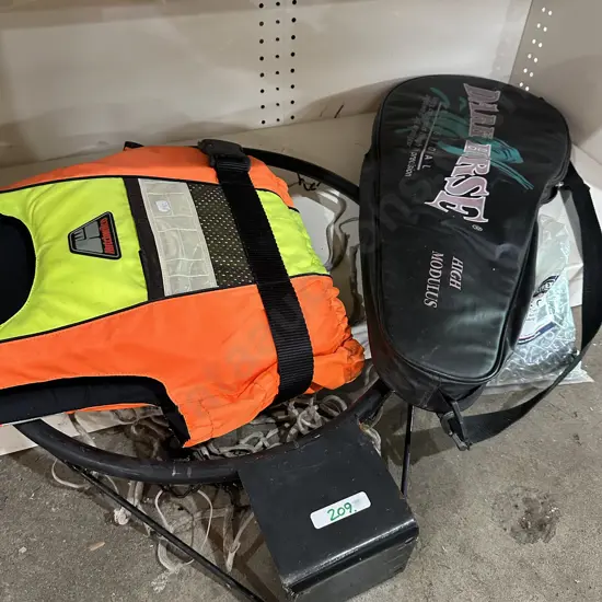 Hoop, life jacket, tennis racket and chain.