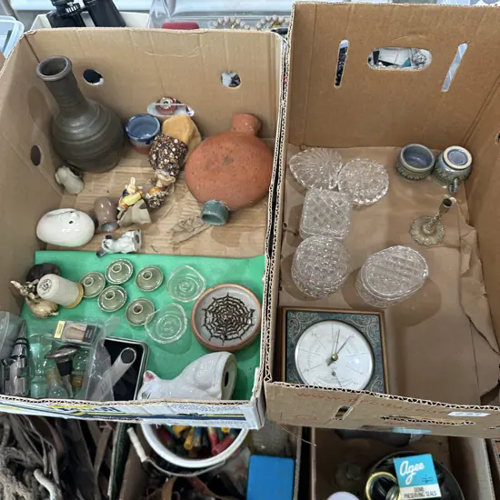 2 Boxes, barometer, pottery etc
