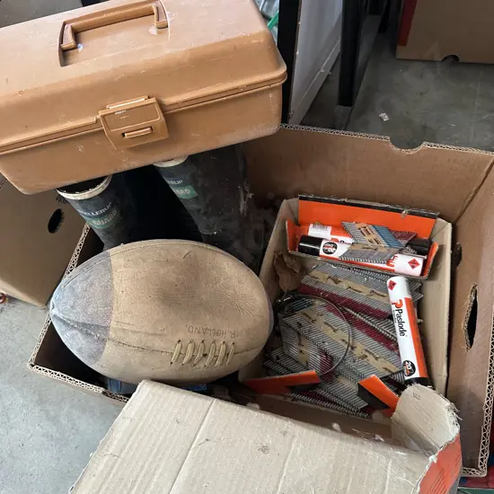 Gumboots, rugby ball, fishing box and contents