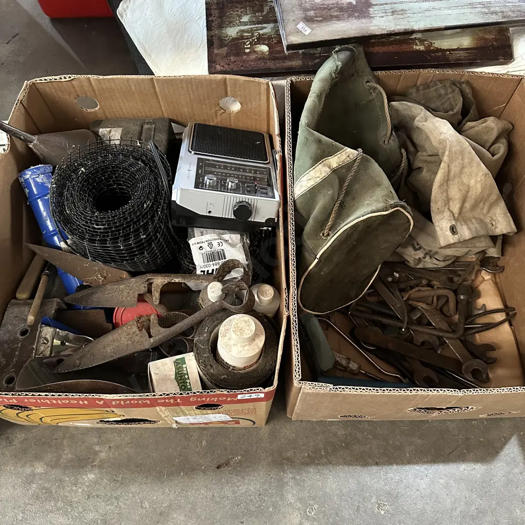 2 Boxes Radio, old tools and bags etc. Image 1++