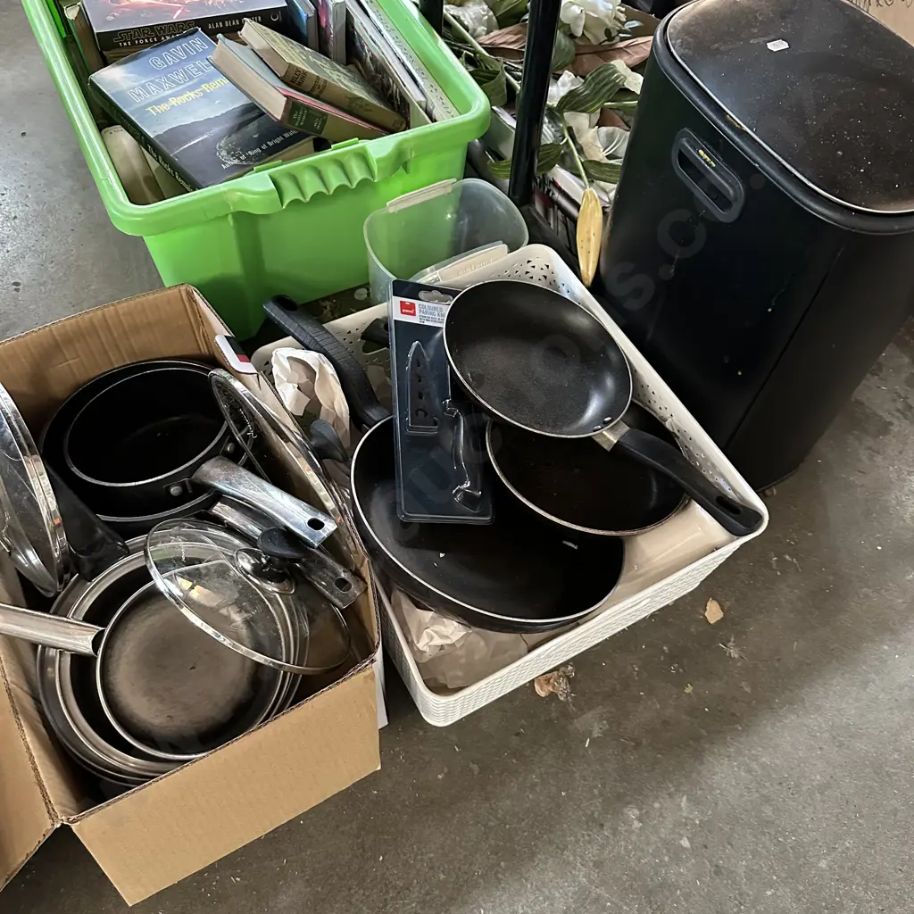 2 Boxes pots and pans, pedal bin etc. Image 1++