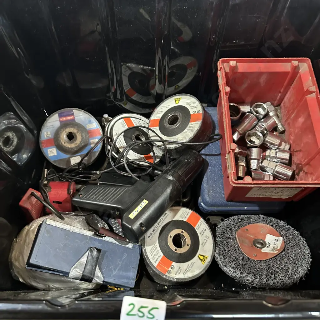 Bin of tools, grinding disks etc. Image 1++