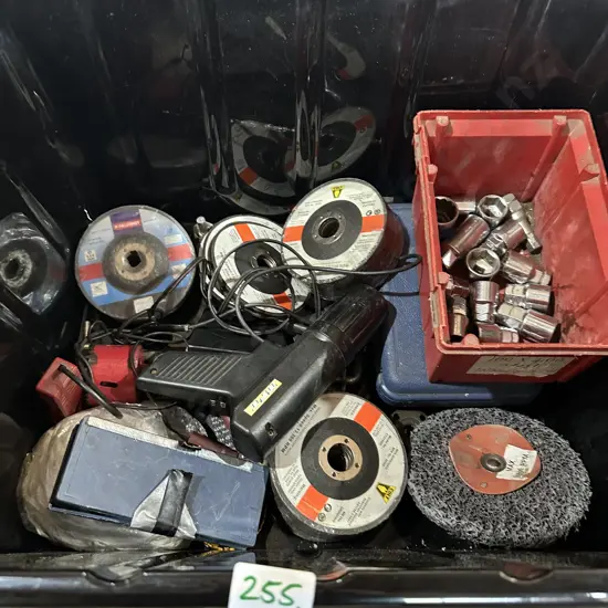 Bin of tools, grinding disks etc.