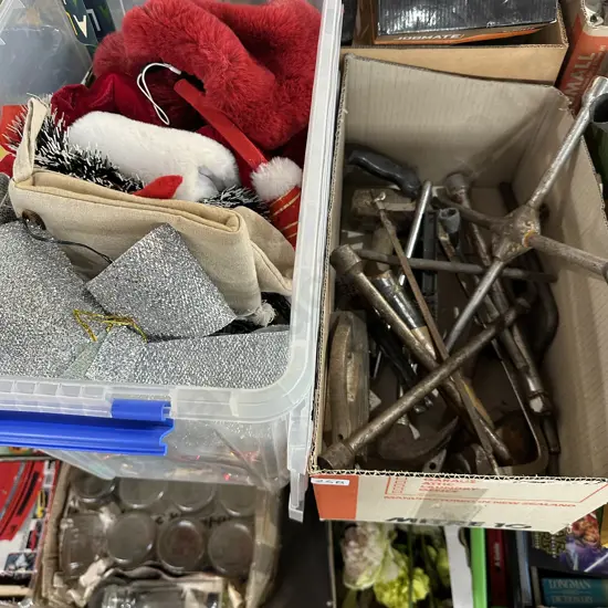 2 Boxes tools and christmas decorations