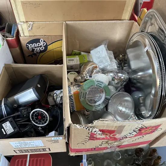2 boxes Silver trays, light bulbs etc.