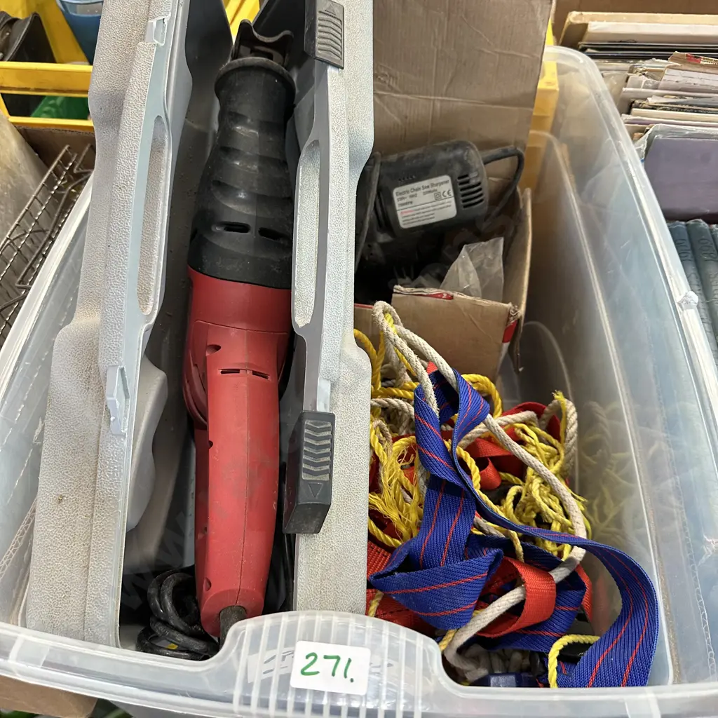 Bin of leads, ropes and saber saw etc. Image 1++