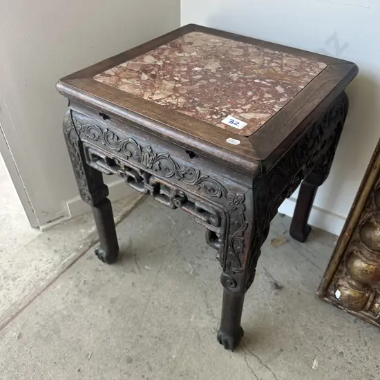 Early oriental wooden carved, marble top plant stand