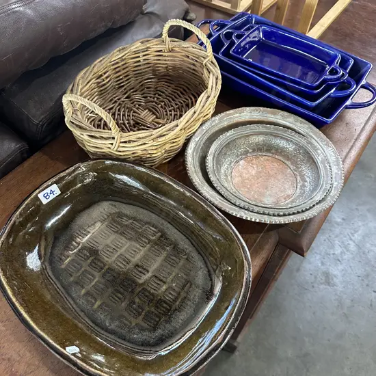 Pottery dishes, wicker etc
