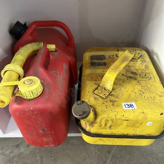 Yellow Shell can and 2 plastic fuel containers