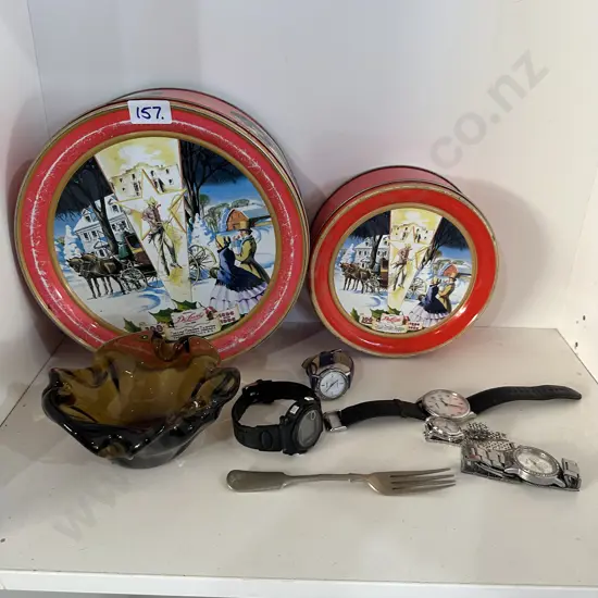 watches, tins, art glass