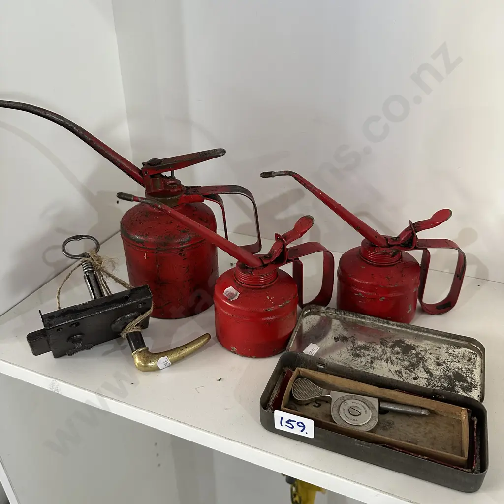 3 oilers, antique lock and key, tool Image 1++