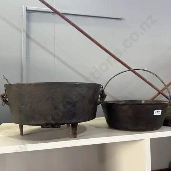 Early 13inch cast camp pot on hanging chain, plus 10.5 inch pot (rusty lid)