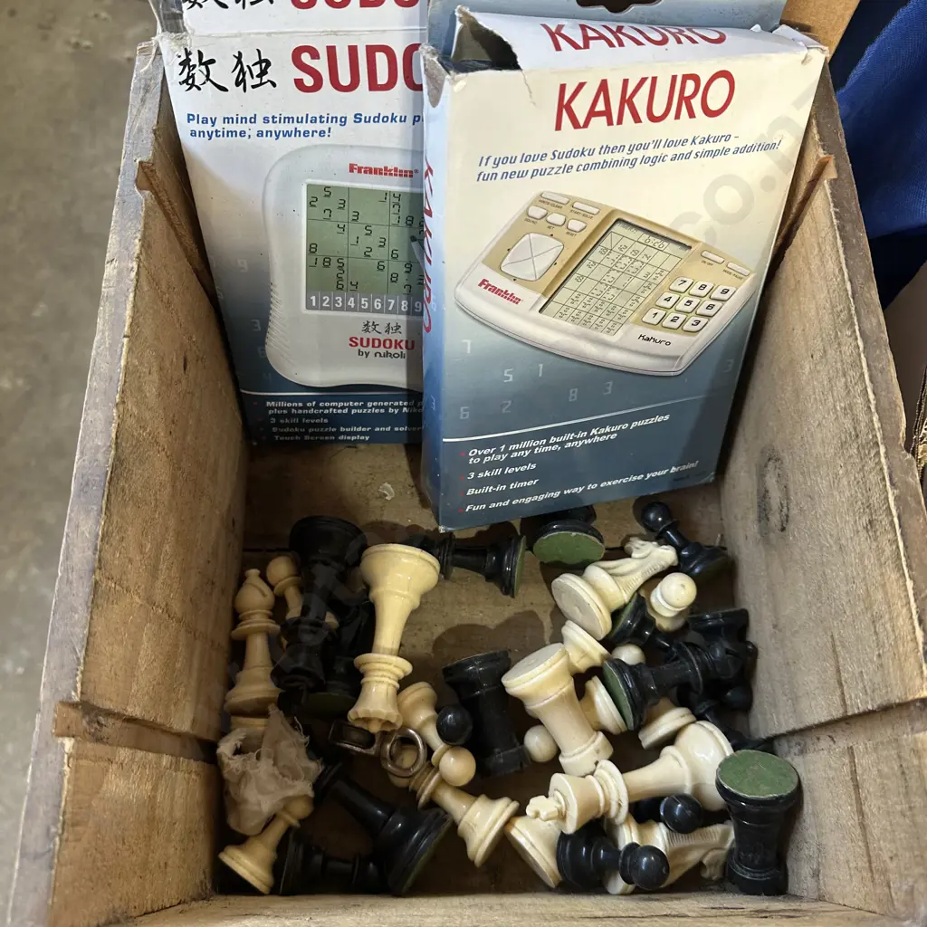 Games and chess pieces in a Esk Vally wine box Image 1++