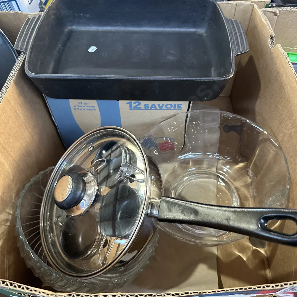 Two bowls, egg poacher, glasses and cast iron baking dish. Image 1++