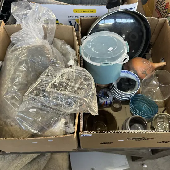 Two boxes pottery, horse gear etc.