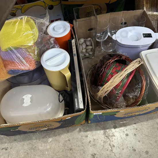Two boxes DVD player, jugs etc.