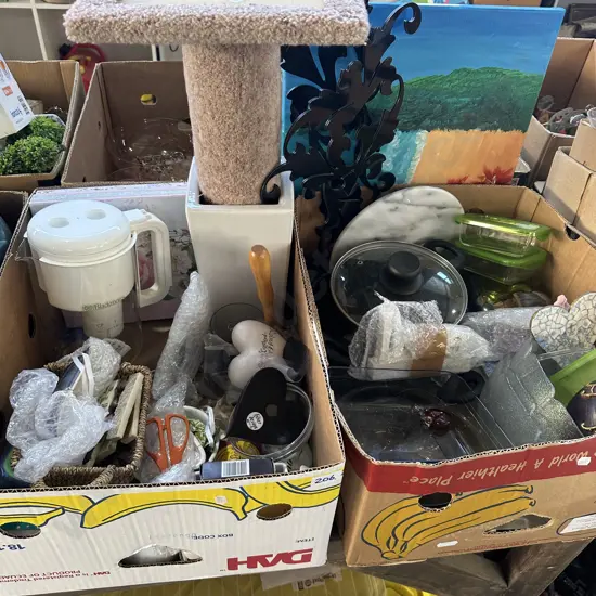 Two boxes non-stick pots, vase, glass containers and hearts etc.