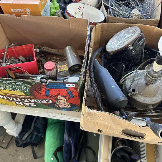 Two boxes hardware, lamps etc.