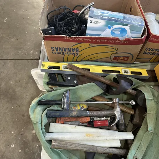 Tool bag and tools, box of tea pots etc.