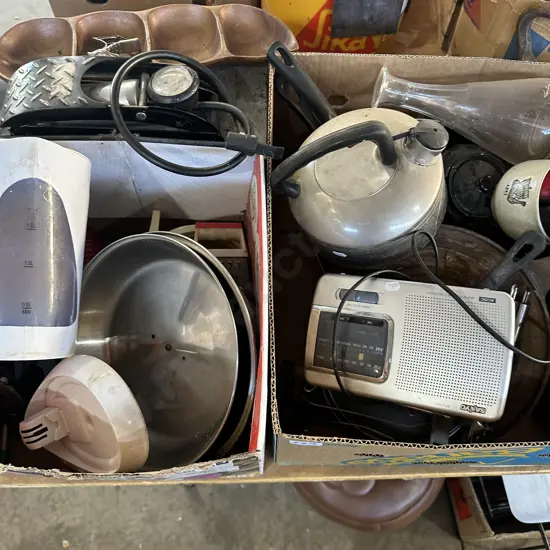 Two boxes pans, kettle, pump etc.