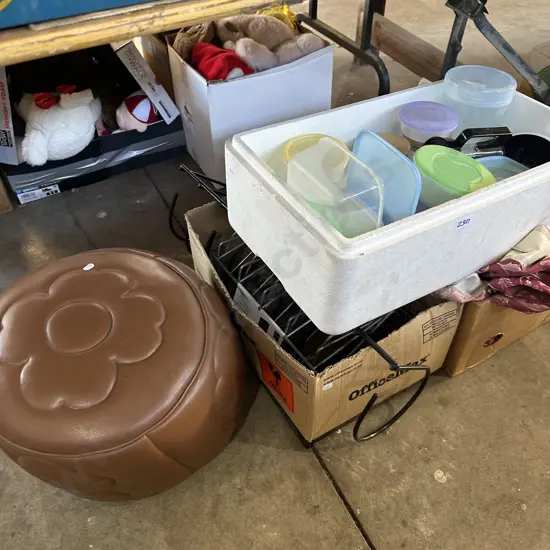 Bay lot poof, curtains, Tupperware etc.