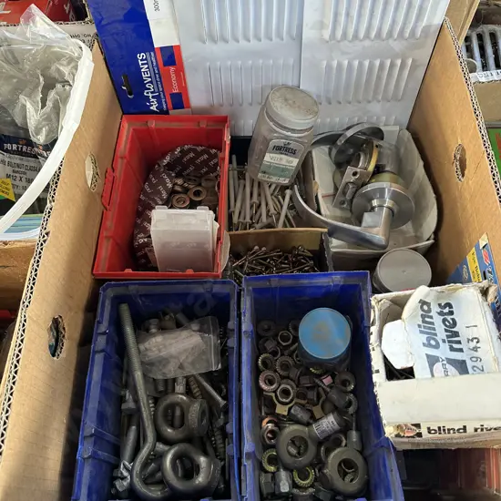 Box of rivets, screws, tapits, hardware etc.