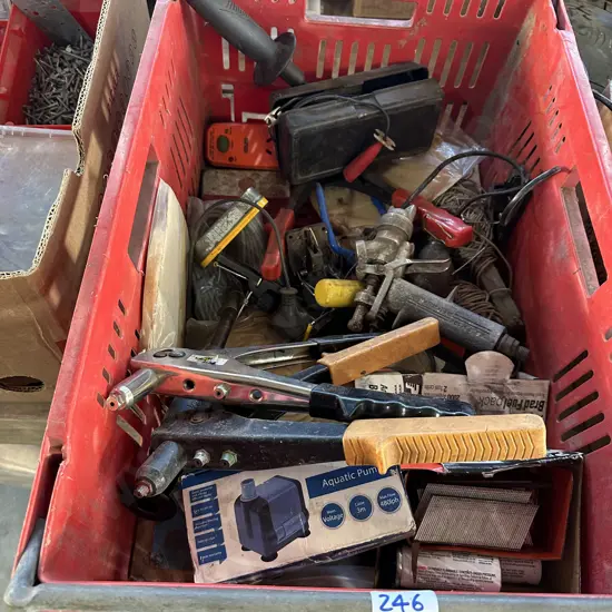 Bin of rivet guns, 12v chainsaw sharpener, pump, nail gun brads etc.
